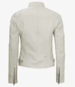 Back view of a white leather jacket with long sleeves, belt detail, and zipper cuffs. The fabric has a smooth finish, conveying a modern, stylish vibe.