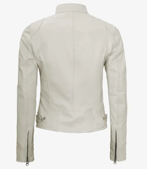 Back view of a white leather jacket with long sleeves, belt detail, and zipper cuffs. The fabric has a smooth finish, conveying a modern, stylish vibe.