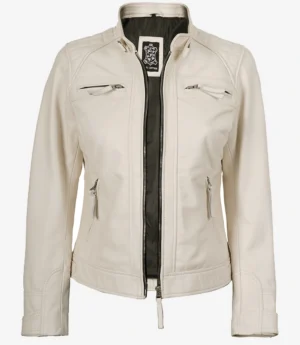 Cream-colored leather jacket with a high collar and zipper closure. Quilted shoulder detail and four zipped pockets add a stylish touch.