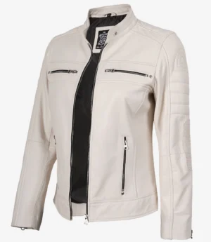A stylish white leather jacket with a stand-up collar and open front, showing its black lining. It features multiple zippered pockets for a sleek, modern look.