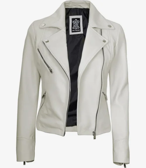 A white leather jacket with a black lining is shown. It features silver zippers on the front and pockets, with a sleek and modern design.