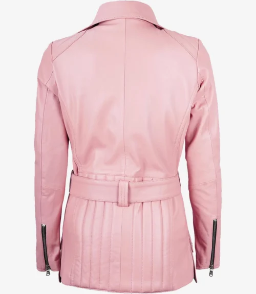 Back view of a pink leather jacket featuring a belted waist, vertical stitching, and zippered cuffs. The tone is sleek and modern.