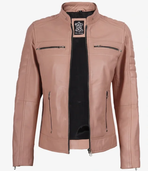 Pink leather jacket with a stand collar and zipper pockets on the chest and sides. It has a sleek, modern look, conveying a stylish, edgy tone.