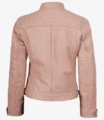 Back view of a light pink leather jacket with quilted shoulders and buttoned cuffs. The sleek, modern design conveys a trendy and stylish tone.