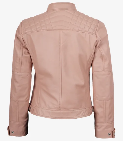 Back view of a light pink leather jacket with quilted shoulders and buttoned cuffs. The sleek, modern design conveys a trendy and stylish tone.
