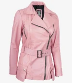 Pink leather jacket with a notched collar and asymmetric zip closure. It features black zippers on the front and pockets, and a matching belt for a chic look.