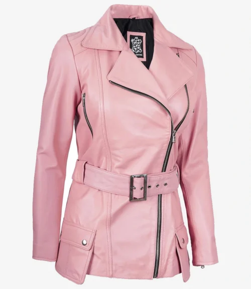 Pink leather jacket with a notched collar and asymmetric zip closure. It features black zippers on the front and pockets, and a matching belt for a chic look.