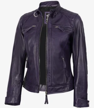 Purple leather jacket with a sleek design, featuring a high collar, zippered pockets, and quilted shoulder detailing. Stylish and modern tone.