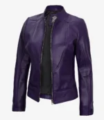 A stylish purple leather jacket with a front zipper, black interior, and sleek tailoring. The design is modern and bold, conveying a confident tone.