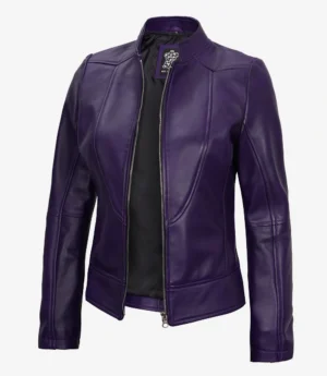 A stylish purple leather jacket with a front zipper, black interior, and sleek tailoring. The design is modern and bold, conveying a confident tone.