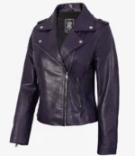 Dark purple leather jacket with a classic biker style, featuring silver zippers and snap buttons. It conveys a bold and edgy fashion statement.