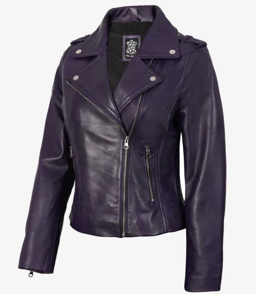 Dark purple leather jacket with a classic biker style, featuring silver zippers and snap buttons. It conveys a bold and edgy fashion statement.