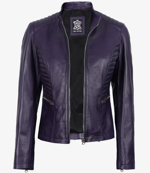 Purple leather jacket with a sleek, fitted design featuring ribbed detailing on the shoulders and sides. Two zipped side pockets add a stylish touch.