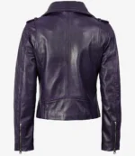 Dark purple leather jacket shown from the back, featuring a shiny texture, structured shoulders, long sleeves with zippers, and a stylish design.