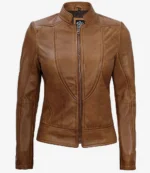 Brown leather jacket with a sleek, fitted design, featuring a front zipper and stand-up collar. The jacket exudes a stylish and modern vibe.