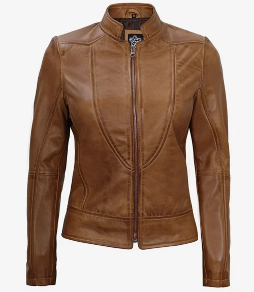 Brown leather jacket with a sleek, fitted design, featuring a front zipper and stand-up collar. The jacket exudes a stylish and modern vibe.