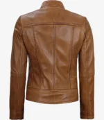 A brown leather jacket shown from the back, featuring a smooth finish, tailored seams, and a classic cut, conveying a stylish and timeless look.