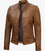 Brown leather jacket with a sleek, fitted design and an open front, showcasing a dark inner lining. The jacket exudes a stylish and modern look.