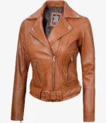 Tan leather jacket with asymmetrical zipper, two zippered pockets, and belted waist. Stylish and biker-inspired, conveying a chic, bold tone.