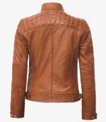 Brown leather jacket viewed from the back, featuring a quilted pattern on the shoulders, straight seams, and adjustable straps. Rugged and stylish.