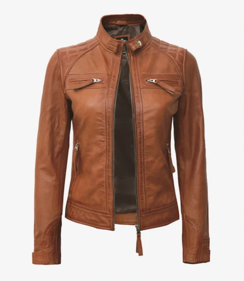 Brown leather jacket with a high collar and zippered pockets on the chest and sides. The sleek design conveys a modern and stylish tone.