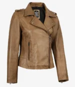 Brown leather jacket with asymmetrical zipper, notched collar, and shoulder epaulettes. Features zipped pockets, exuding a classic and edgy vibe.