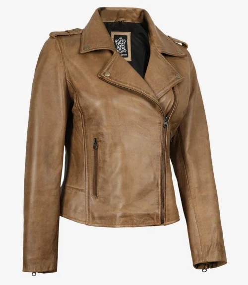 Brown leather jacket with asymmetrical zipper, notched collar, and shoulder epaulettes. Features zipped pockets, exuding a classic and edgy vibe.
