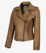 A tan leather jacket with a classic biker style, featuring a diagonal zipper, epaulettes, and zippered pockets, giving an edgy and stylish look.