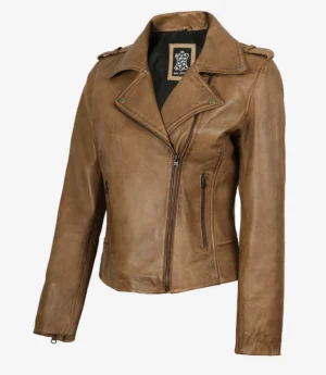 A tan leather jacket with a classic biker style, featuring a diagonal zipper, epaulettes, and zippered pockets, giving an edgy and stylish look.