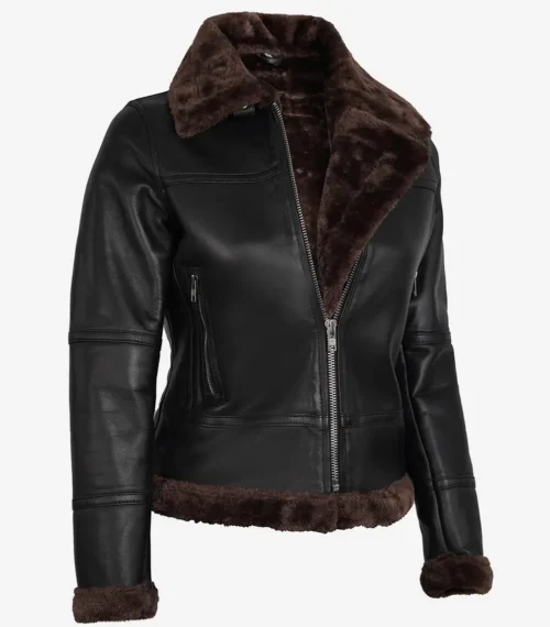 Dark brown leather jacket with a brown faux fur lining and collar. Features a front zipper, zippered pockets, and a sleek, warm design.