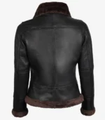 Back view of a stylish dark brown leather jacket with brown fur trim on the collar, cuffs, and hem. The jacket conveys a warm and fashionable tone.