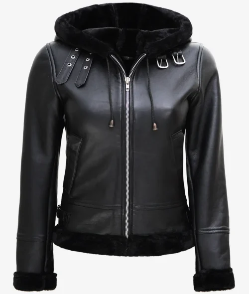 Black leather jacket with a front zipper, featuring a hood and fur lining. The jacket has metal buckles and a sleek, stylish design.