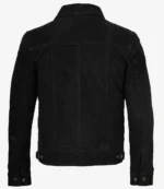 Black suede jacket viewed from the back, featuring a classic collar, panel stitching, and adjustable buttoned tabs at the waist and cuffs. Classic style.