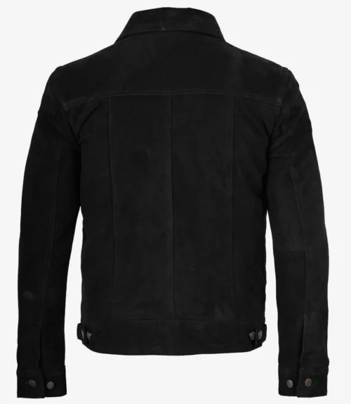 Black suede jacket viewed from the back, featuring a classic collar, panel stitching, and adjustable buttoned tabs at the waist and cuffs. Classic style.