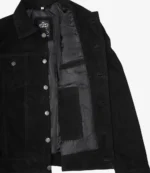 Black jacket with silver buttons, shown open to reveal grey lining and an inner pocket. The exterior has a soft, textured fabric. Casual and stylish.