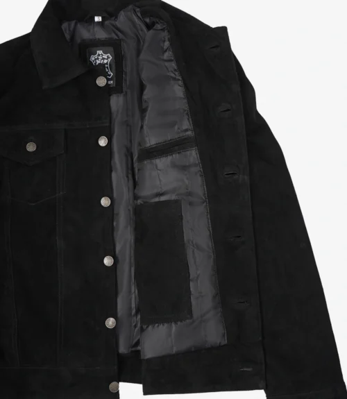 Black jacket with silver buttons, shown open to reveal grey lining and an inner pocket. The exterior has a soft, textured fabric. Casual and stylish.