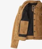 Suede jacket in light brown, shown partially open to reveal a black lining and inner pocket. The jacket has a classic button-up style.