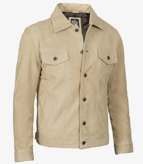 Tan suede jacket with a classic design, featuring a pointed collar, buttoned flap chest pockets, and a front button closure, exuding casual elegance.