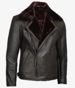 Dark brown leather jacket with a plush fur collar and a diagonal zipper. It features side pockets, conveying a stylish and rugged look.