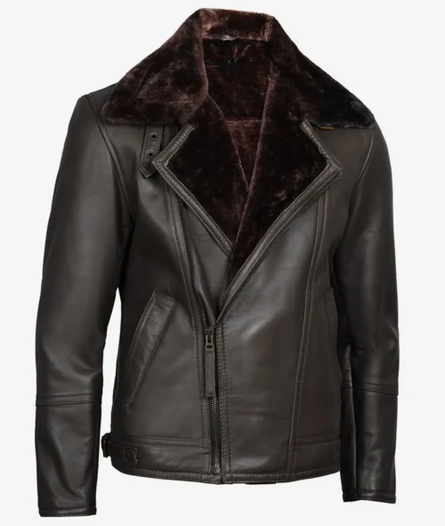 Dark brown leather jacket with a plush fur collar and a diagonal zipper. It features side pockets, conveying a stylish and rugged look.