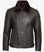 Dark brown leather jacket with a plush, fur-lined collar. Features an asymmetrical zipper, front pockets, and a sleek, stylish design.