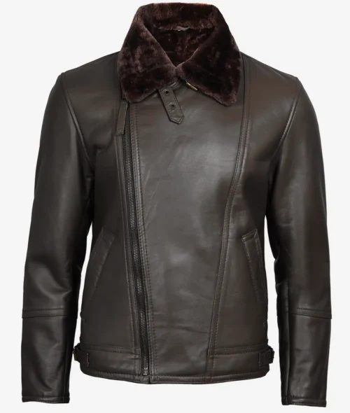 Dark brown leather jacket with a plush, fur-lined collar. Features an asymmetrical zipper, front pockets, and a sleek, stylish design.