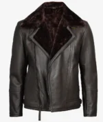 Dark brown leather jacket with a plush fur collar and lining. The front features an asymmetrical zipper, giving a stylish and rugged appearance.