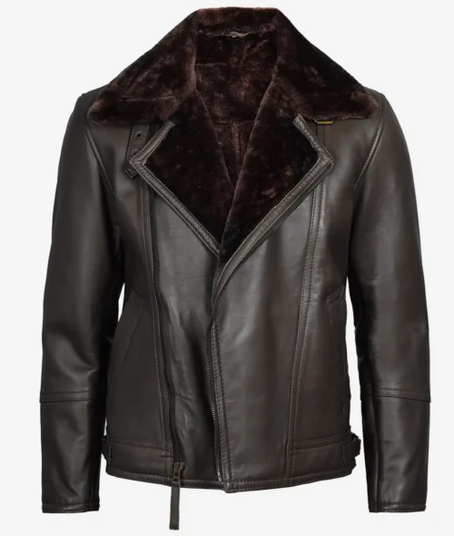 Dark brown leather jacket with a plush fur collar and lining. The front features an asymmetrical zipper, giving a stylish and rugged appearance.