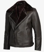 Dark brown leather jacket with a plush, wide fur collar and zip closure. The design is sleek and classic, conveying warmth and rugged style.