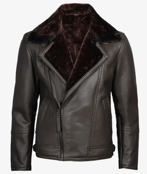 Dark brown leather jacket with a plush fur lining and wide collar. It features an asymmetrical zipper and two vertical pockets, exuding a rugged, stylish vibe.