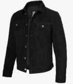 A black suede jacket with silver buttons, featuring a folded collar and two flap pockets on the chest. It exudes a sleek, stylish look.