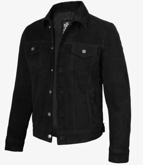 A black suede jacket with silver buttons, featuring a folded collar and two flap pockets on the chest. It exudes a sleek, stylish look.