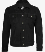 Black suede jacket with a sleek design on a white background. Features a collar, front buttons, and chest pockets, conveying a stylish and classic look.