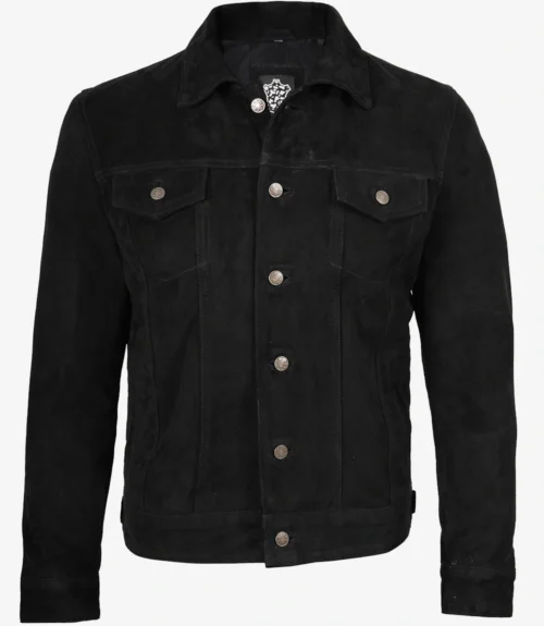 Black suede jacket with a sleek design on a white background. Features a collar, front buttons, and chest pockets, conveying a stylish and classic look.